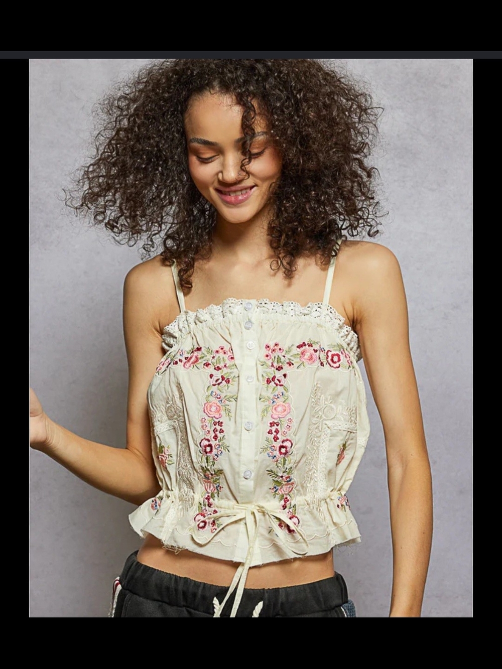 POL Cream Embroidered Floral Crop Cami